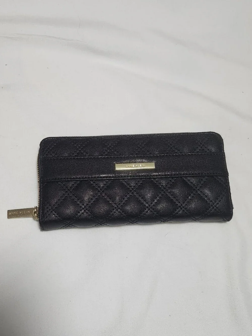 Anne Klein Black Quilted Zip Around Wallet with Gold Hardware